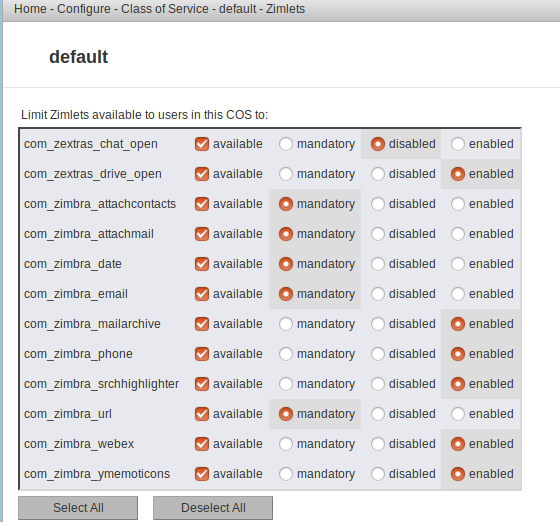 disable zimlet on class of service zimbra