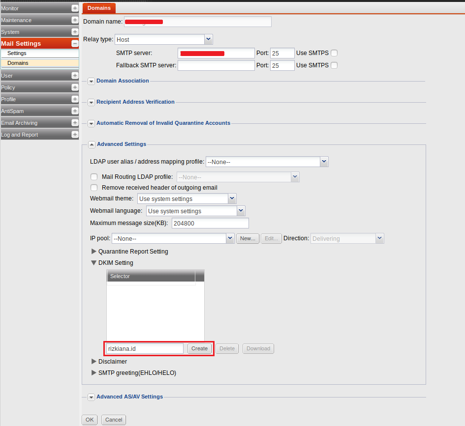 Mail Settings - Domain - Advance Settings