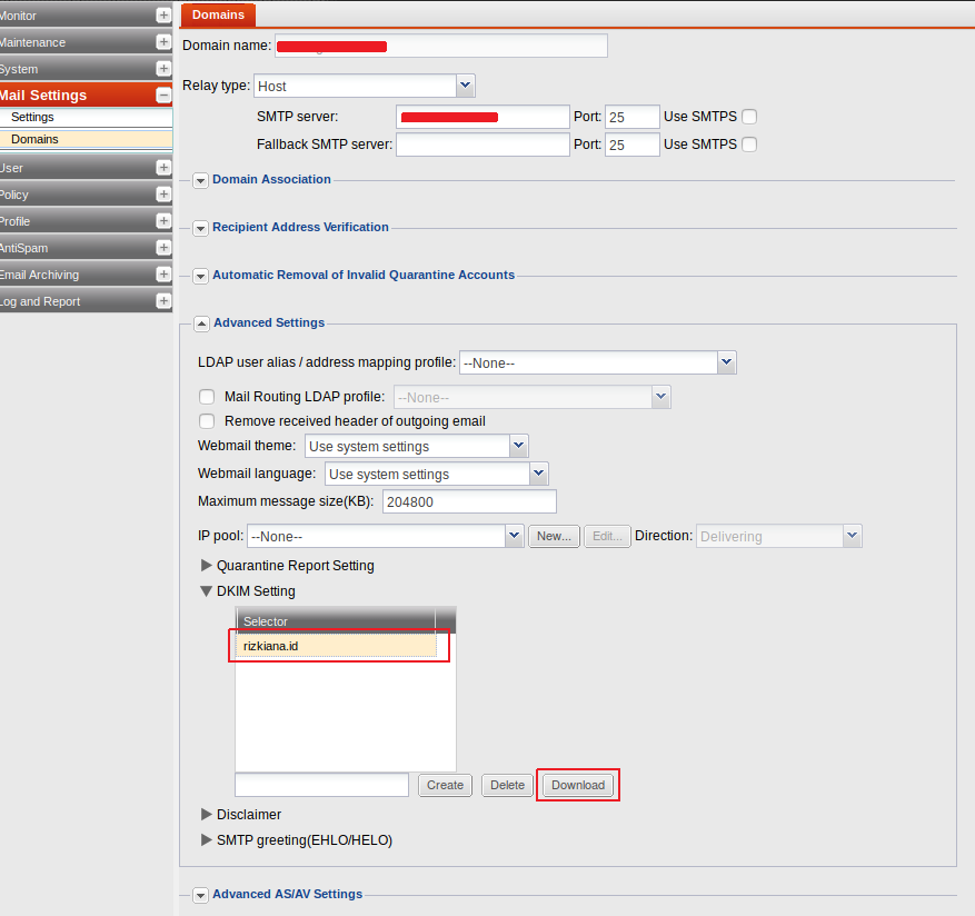 Mail Settings - Domain - Advance Settings - Download